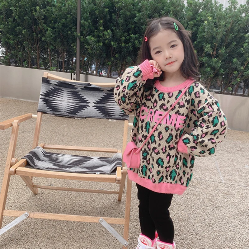 Girls Sweater Baby's Coat Outwear 2022 Leopard Thicken Warm Winter Autumn Knitting Scoop Pullover Christmas Gift Children's Clot