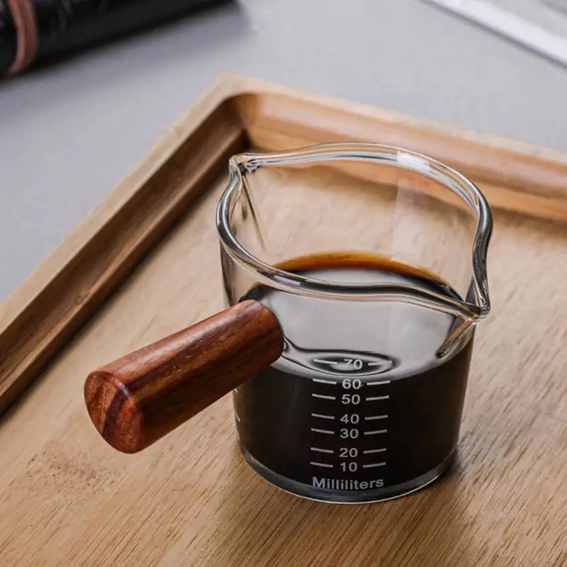 

70/75ml Heat-resisting Glass Espresso Measuring Cup Double Mouth Glass Milk Jug With Wooden Handle Glass Scale Measure Mugs Cup