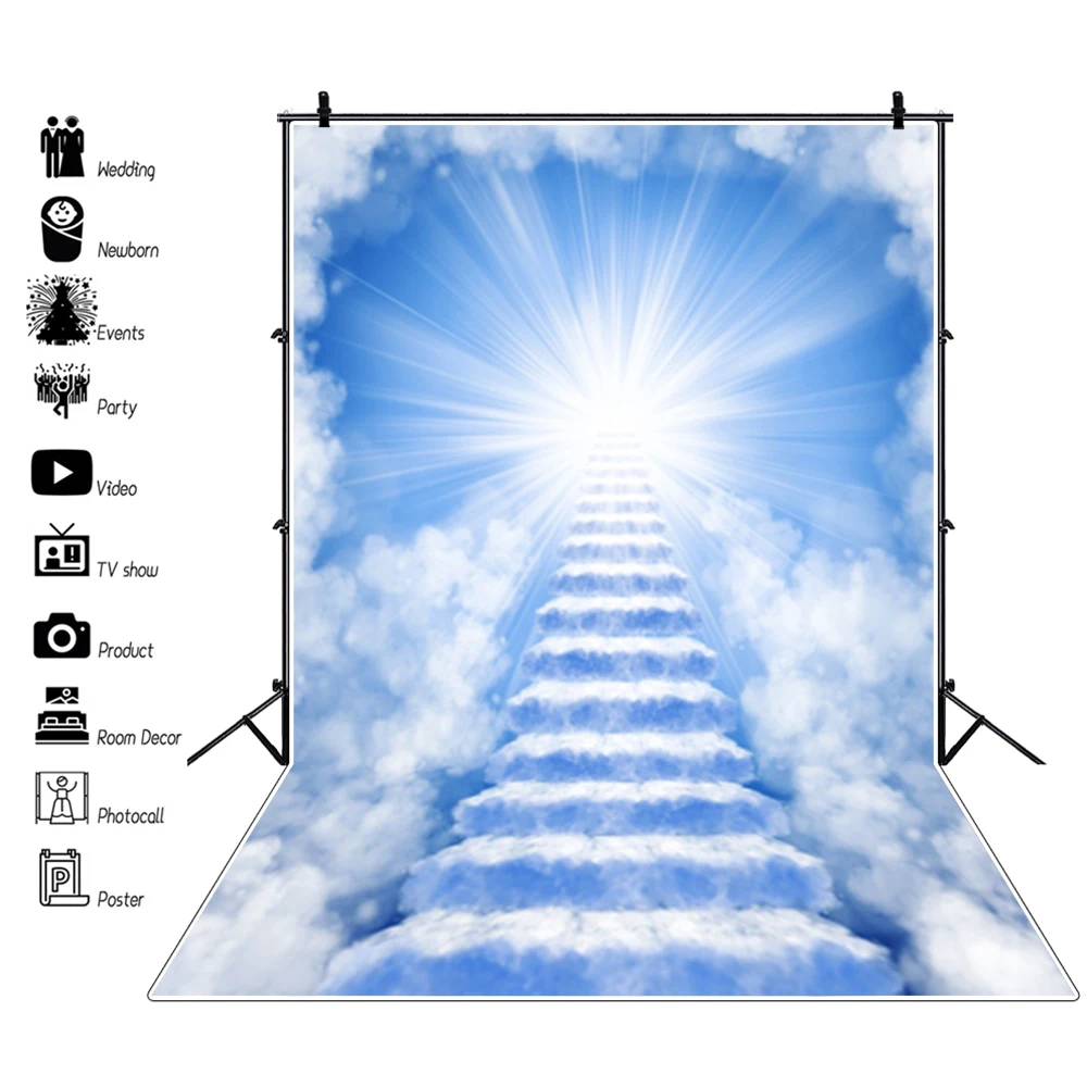 Laeacco Wonderland Shinny Cloudy Stairs To Sky Photography Backgrounds Heaven Holy Cross Jesus Room Decro For Photo Backdrops