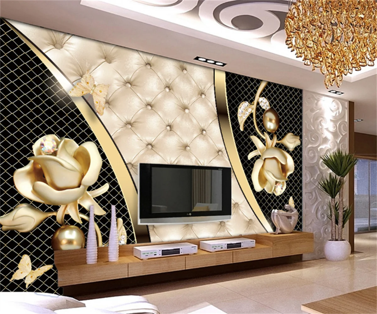 

European and American luxury atmosphere black gold jewelry TV sofa background wall painting custom 3D any size wallpaper mural