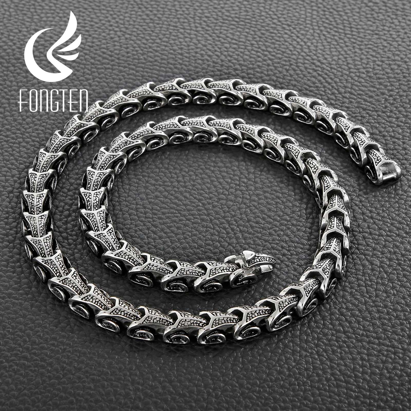 Fongten Gothic Dragon Chain Necklace For Men Stainless Steel Charm Collar Choker Long Necklace Heavy Silver Color Jewelry