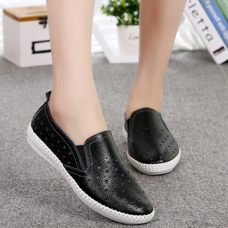 Spring Women Casual Flat Shoes Genuine Leather Ballet Flats Shoes Ladies Cut Out Slip On Brand Loafers Boat Shoes 56ty