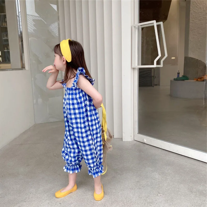 Girls\' Plaid Jumpsuit 2022 Summer New Girls\' Overalls Korean Version Of The Cropped Pants Baby Flower Bud Pants Casual Romper