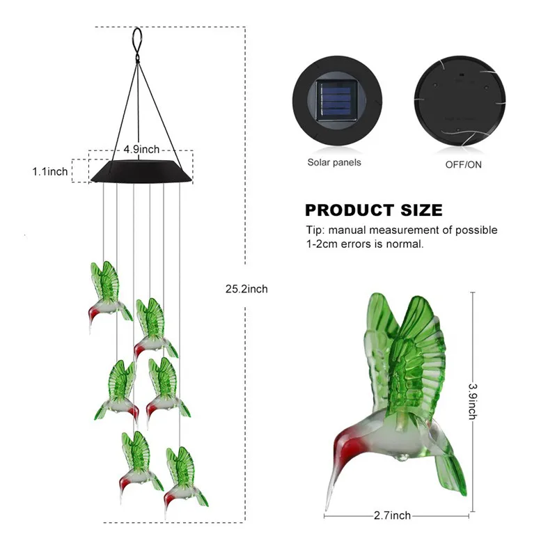 LED Solar dzwonek wietrzny Crystal Ball Hummingbird dzwonek wietrzny zmiana koloru światła wodoodporna wisząca lampa słoneczna do domu ogród