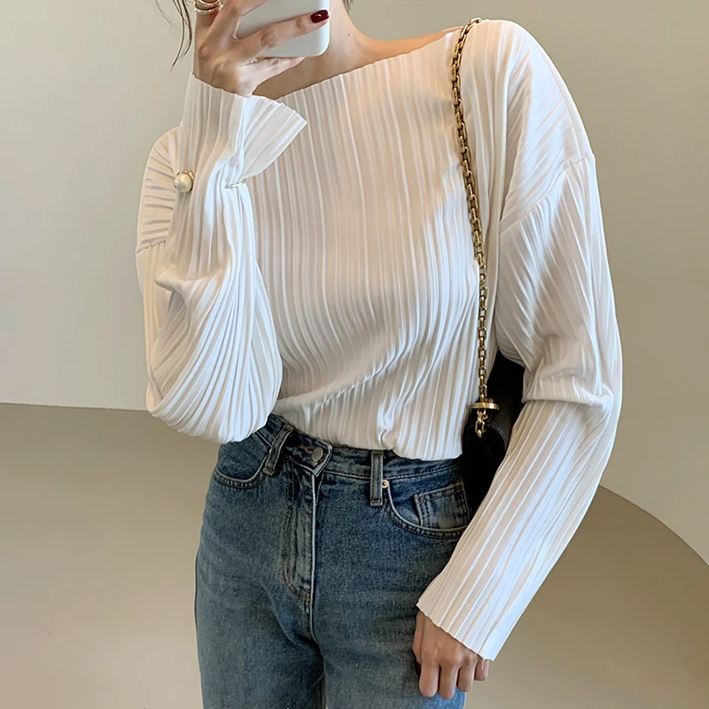 OCEANLOVE Pleated Solid Women Blouses Korean Office Lady Elegant Autumn Blusas Mujer 2022 Shirts Fashion Long Sleeve 18986