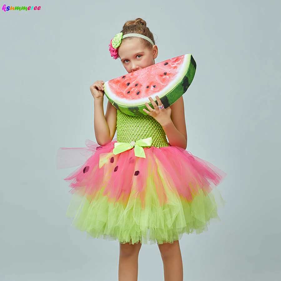 

Летнее платье-пачка с арбузом для девочек, мисс фруктовая еда и повязкой на голову, тропический гавайский детский нарядный костюм, наряд на Хэллоуин