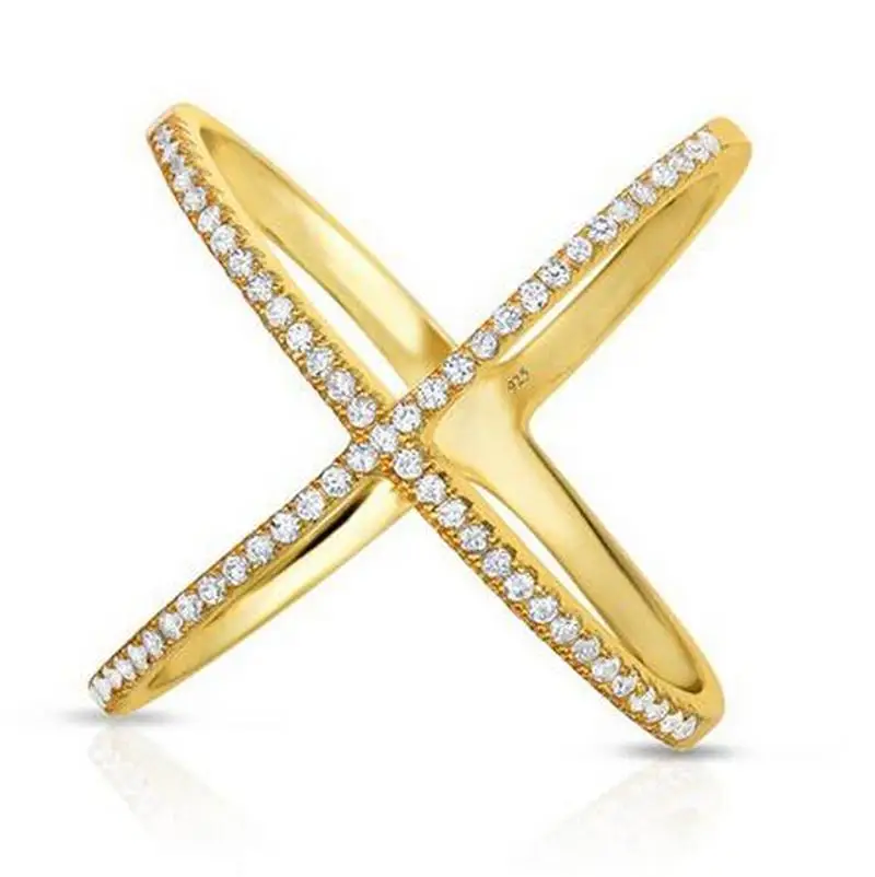 high quality rhodium rose gold authentic 925 sterling silver wide band X ring micro pave zircon criss cross ring for women
