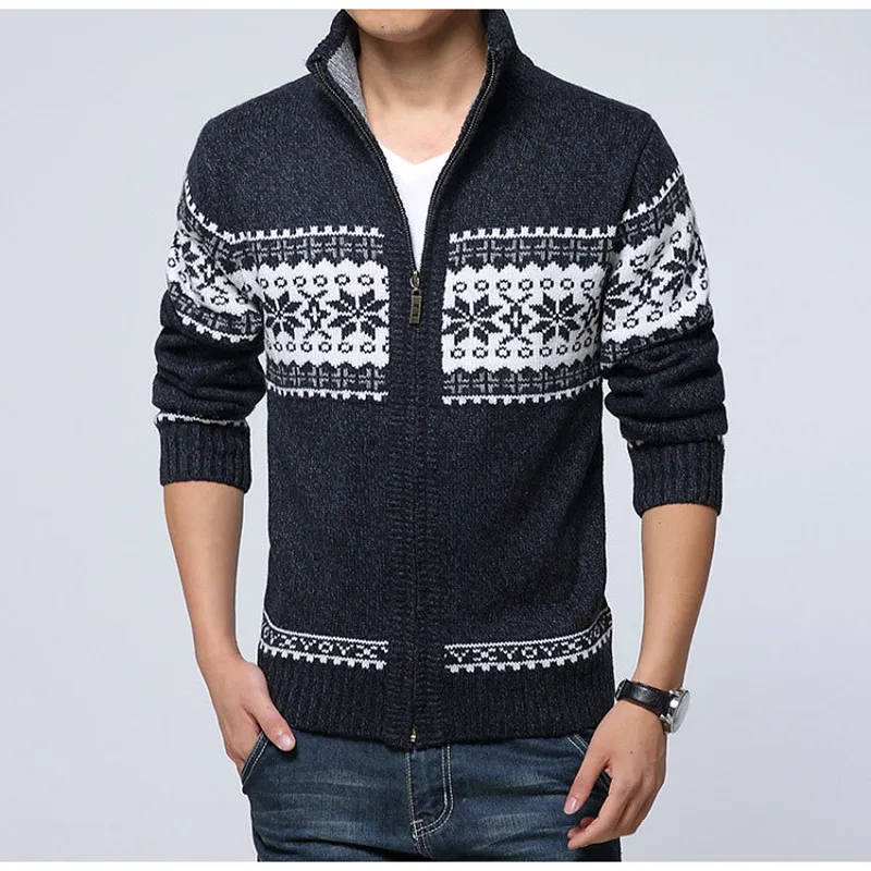 Men Fashion Plaid Stand Collar Slim Sweater Male Trend Casual Knitted Wool Cardigans Outerwear Clothing