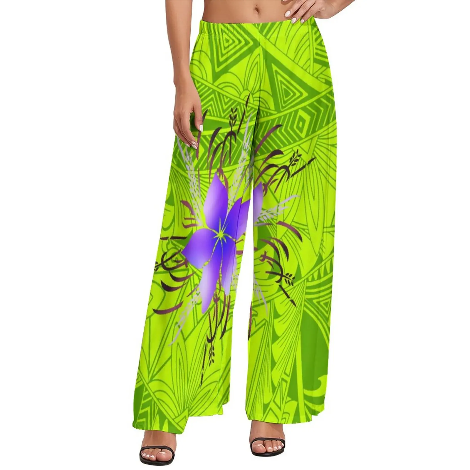 

Ethnic Style Cropped Pants Green Background With Floral Prints Custom Women's Spring Summer Stretch Pants Wholesale Price