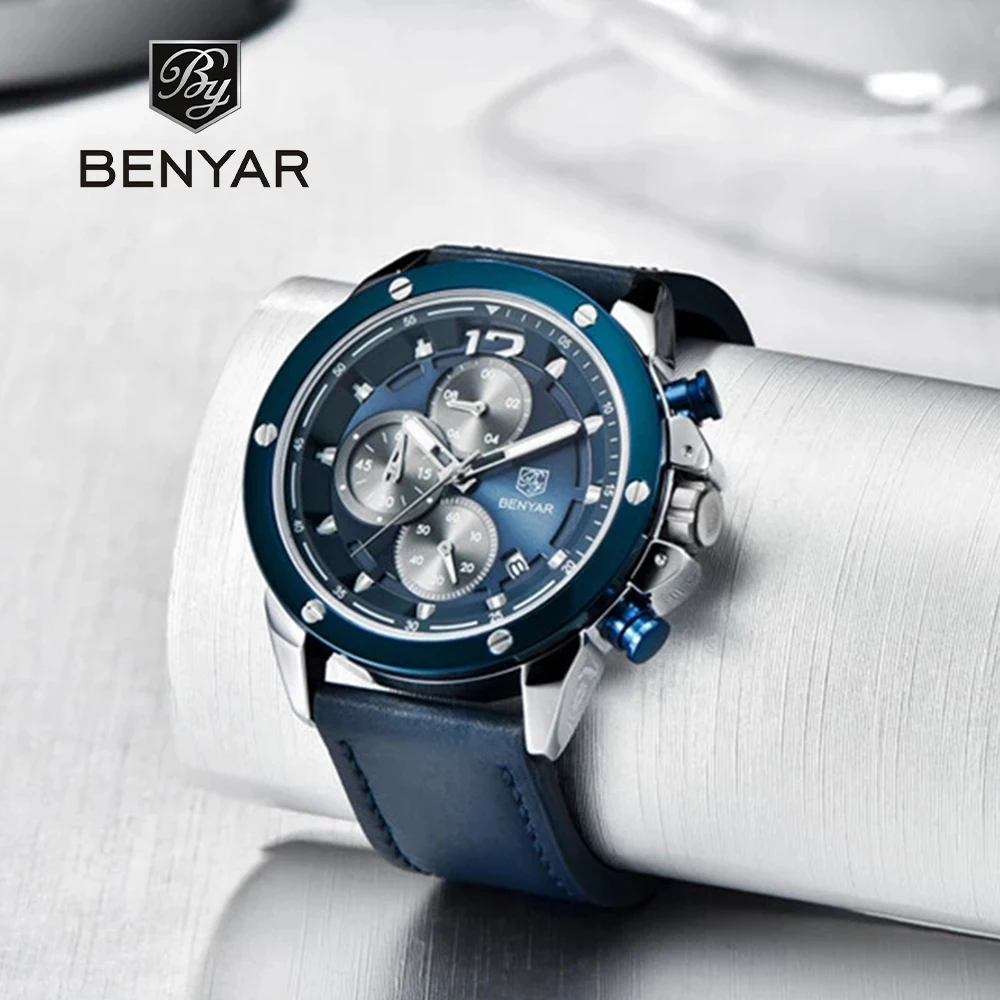 Benyar 2024 New 46MM Fashion Men\'s Quartz Timing Watch Luxury Glass Leather Multi functional Waterproof 3Bar watch reloj hombre