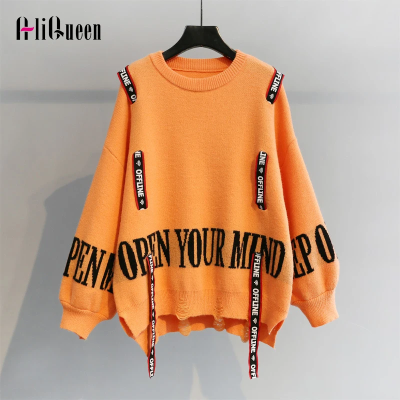 

2023 Fall Women Letters Ribbon Lantern Long Sleeve Knitted Loose Sweaters Pullover Korean Female Winter Holes Oversized Sweater