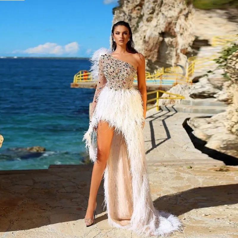 Colorful Beaded Feather Prom Dresses Sexy One Shoulder High Low Sweep Train Evening Gowns Saudi Arabia Robe De Soiree 2021