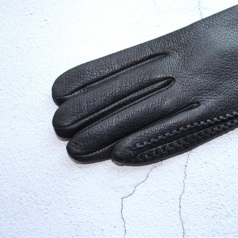 New women\'s fashion deerskin gloves leather velvet lining thin section driving black gloves to keep warm in autumn and winter