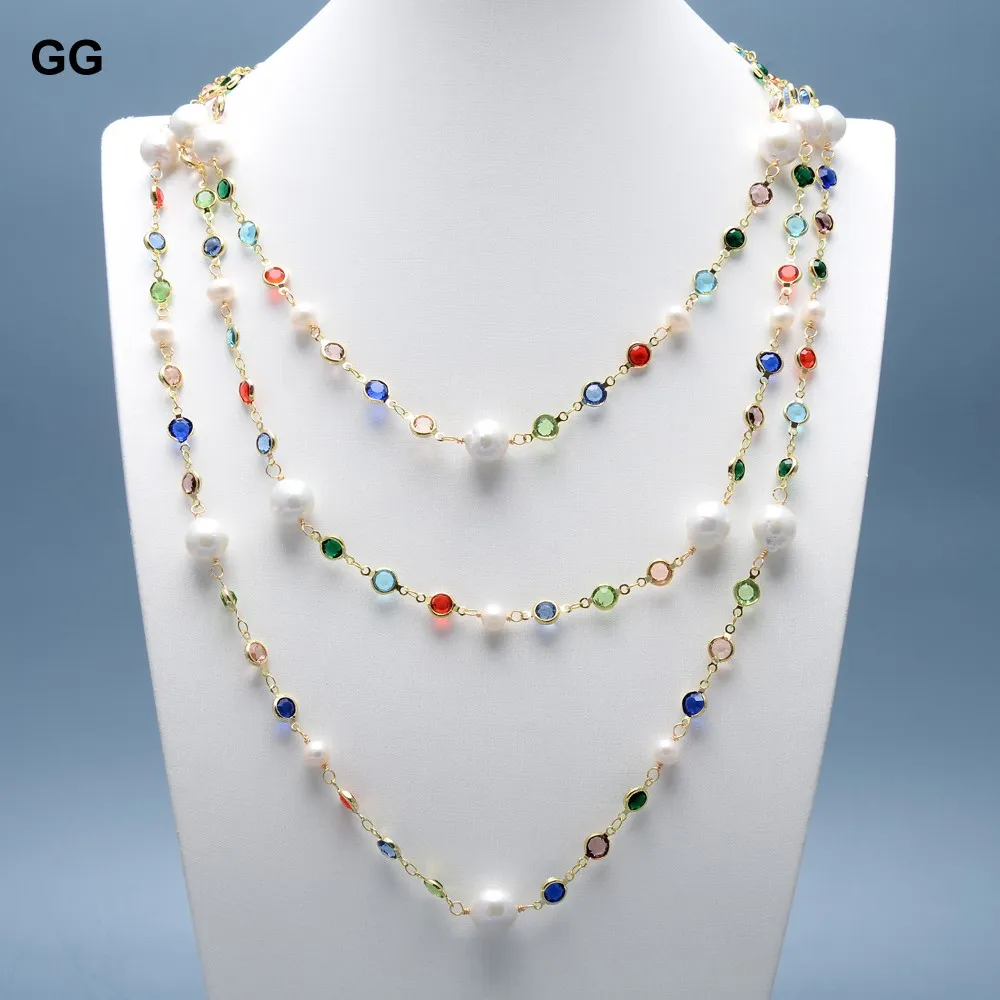 GG 67'' Freshwter White Keshi Pearl Gold Plated Mix color Zirconia CZ Chain Long Necklace For Women