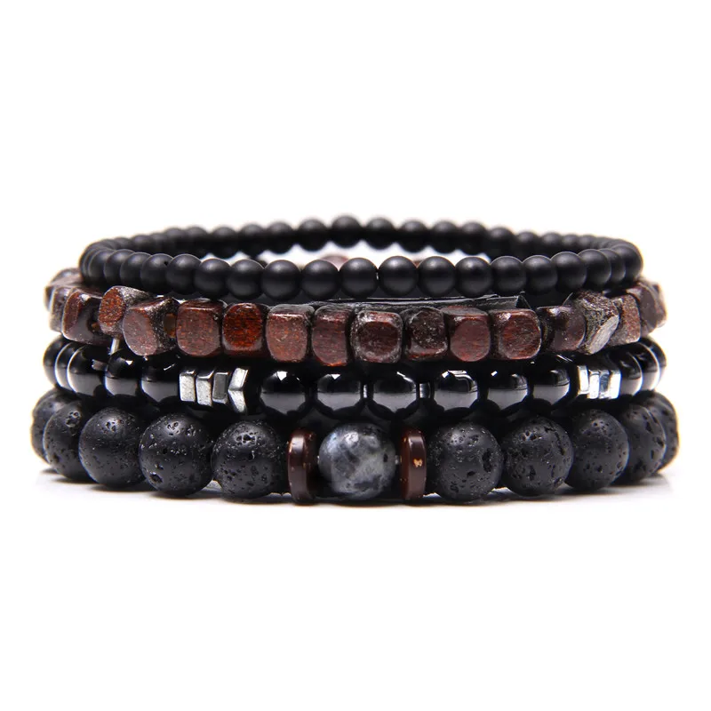 Conjunto de pulseiras de pedra vulcânica para homens, pulseira elástica, proteção de energia, combinação fashion, hip-hop, rede vermelha, vento, joias