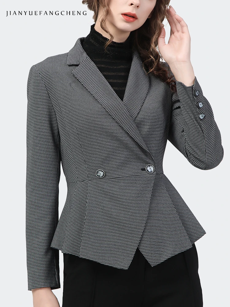 Vintage Gray Plaid Women Blazer 2021 Autumn New Ladylike Female Short Slim Coat Office Ladies Work Wear Cinched Waist Blazers