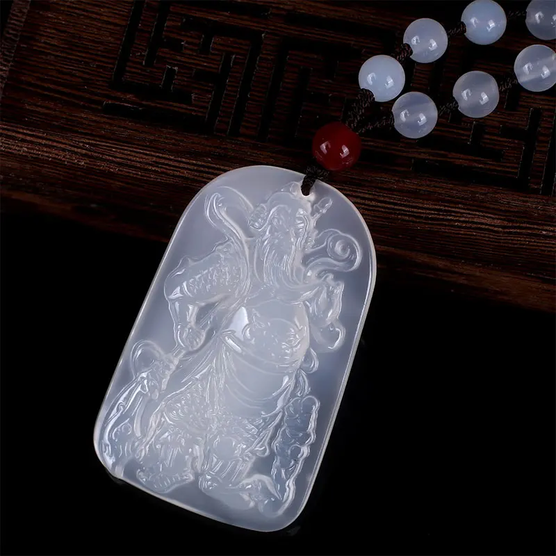 White agate calcedony Guan Yu Amulet Bless Pendant mala Bead Hanging Necklace Talisman