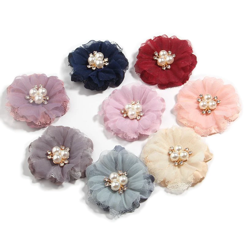 5PCS 6.5CM Lace trim Fabric Flowers For Headbands Hair Chiffon Flower Rhinestone Cluster For Girls Women Headwear Accessories