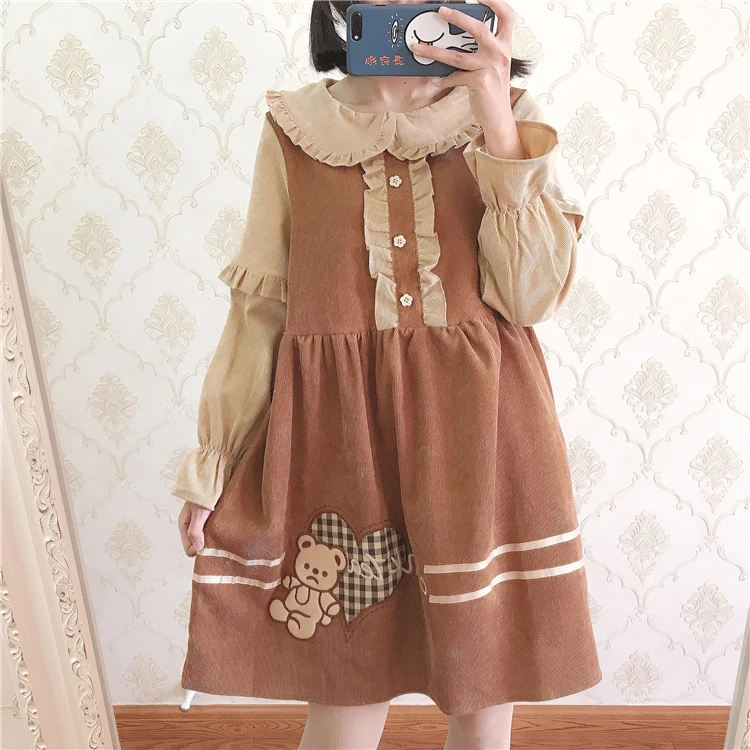 Lolita – robe japonaise douce pour filles sœurs, rétro ours brodé, mignon, col de poupée, manches longues, taille haute, style victorien, kawaii