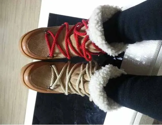 Warm Winter Wool Fur Lace Up Snow Boots Fashion Hight Increasing winter Boots Round toe Patchwork Ladies Short Fur Boots