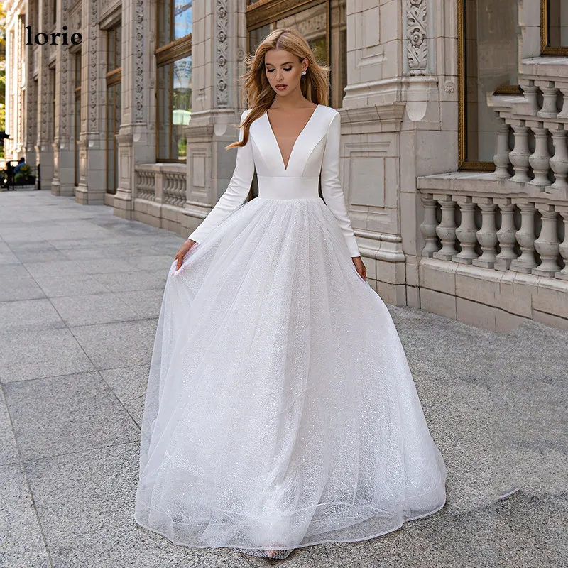 

LORIE Satin Wedding Dresses V Neck Long Sleeve Shiny Glitter Tulle Bride Dress Long Train Wedding Gowns 2022 vestidos de novia