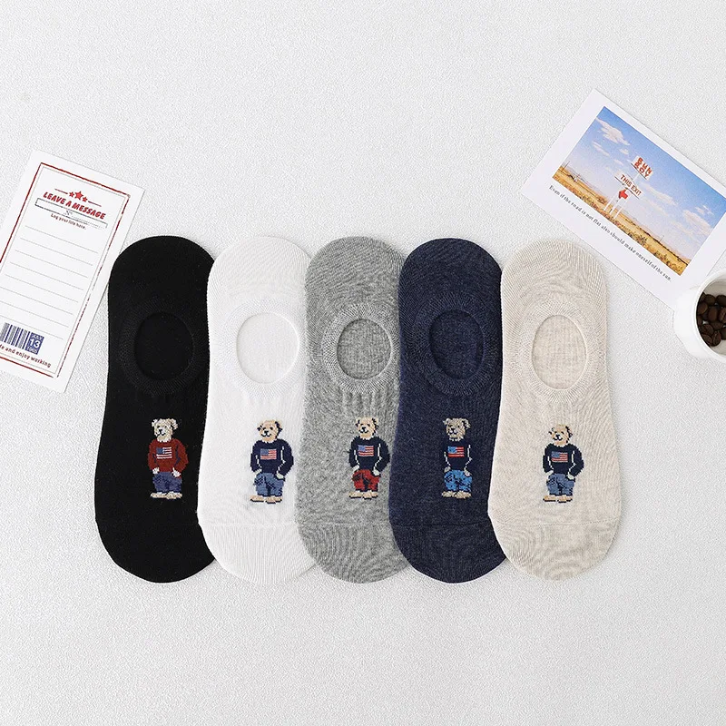 5 Pairs of 5 Colors Summer New Cartoon Bear Thin Cotton Men\'s Invisible Light Breathable Sweat-absorbent Boat Socks Personality