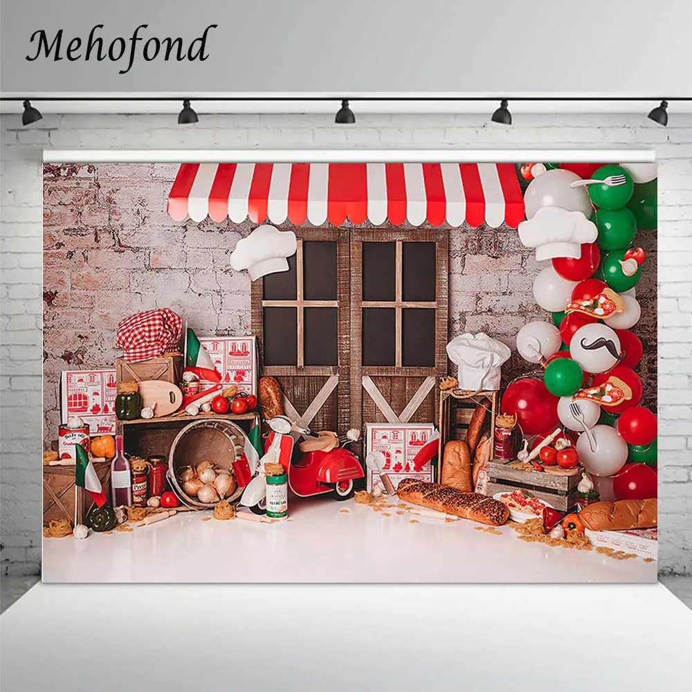 

Mehofond Cake Smash Backdrop Brick Wall Wood DoorBread Kitchen Background Newborn Portrait Balloons Photography for Photo Studio