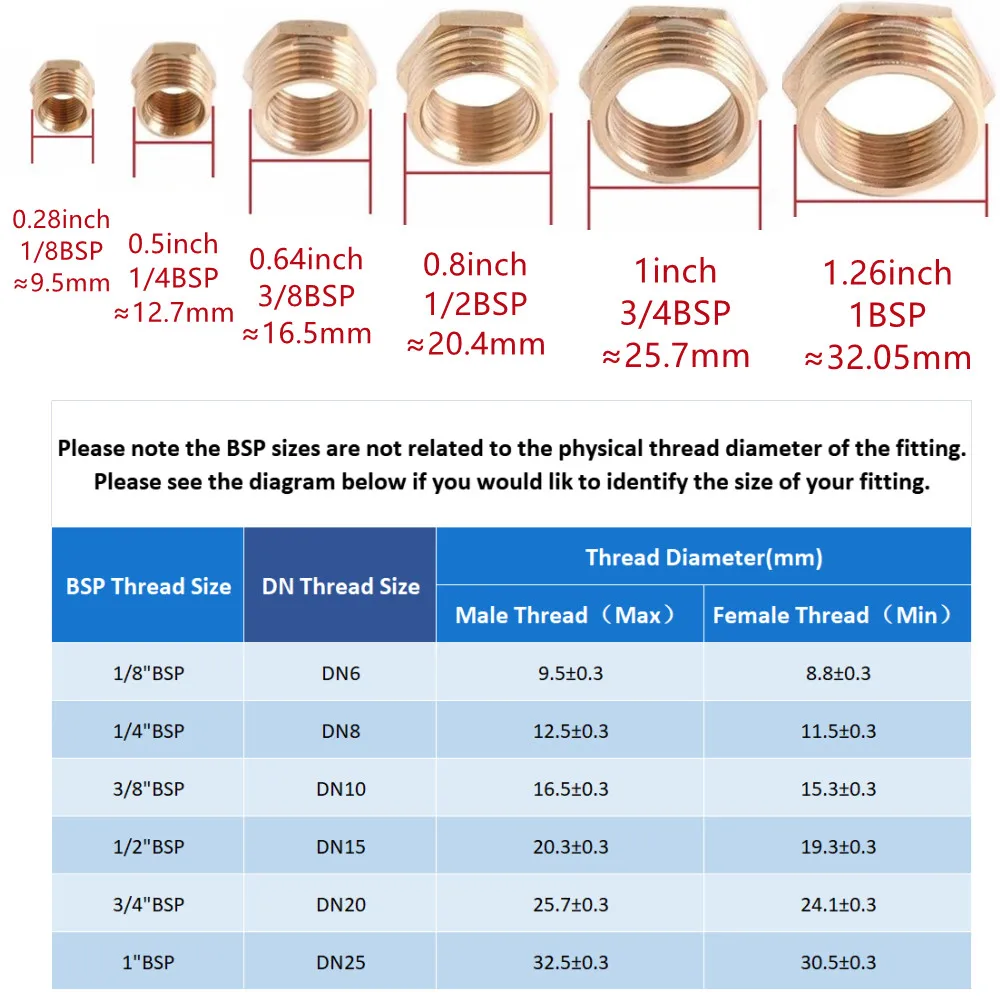 Brass Adapter Fitting BSP Reducing Hexagon Bush Bushing Male to Female Connector Fuel Water Gas Oil 1/8\