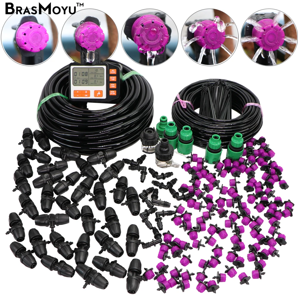 BRASMOYU 5-30M 8/11MM Garden Watering System Micro Drip Irrgation Water Adjustable Drippers 3/8'' Main Line Kit Lock Connectors