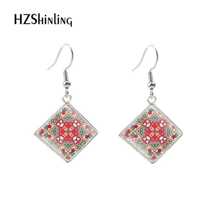 2020 Glass Mandala Flower Pattern Dangle Drop Earrings Glass Cabochon Stainless Steel Earrings Jewelry