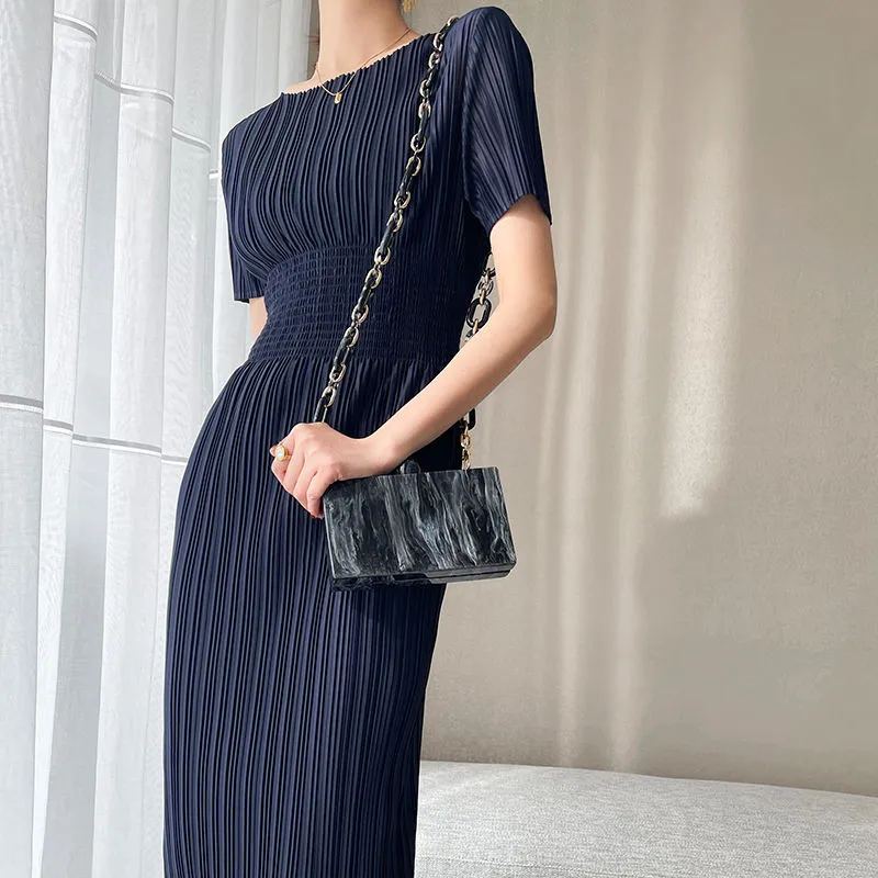 Women Dress Summer O-Neck Short Sleeve High Waist Purple Black Elegant Midi Dress Evening Ninght Party Dress Pleated vestidos