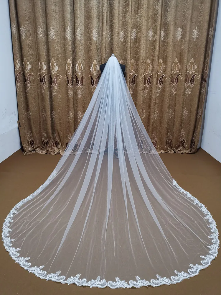 Echt Fotos Weiß/Elfenbein Hochzeit Schleier 5 Meter Lange Kamm Spitze Mantilla Kathedrale Braut Schleier Hochzeit Zubehör Braut Veu