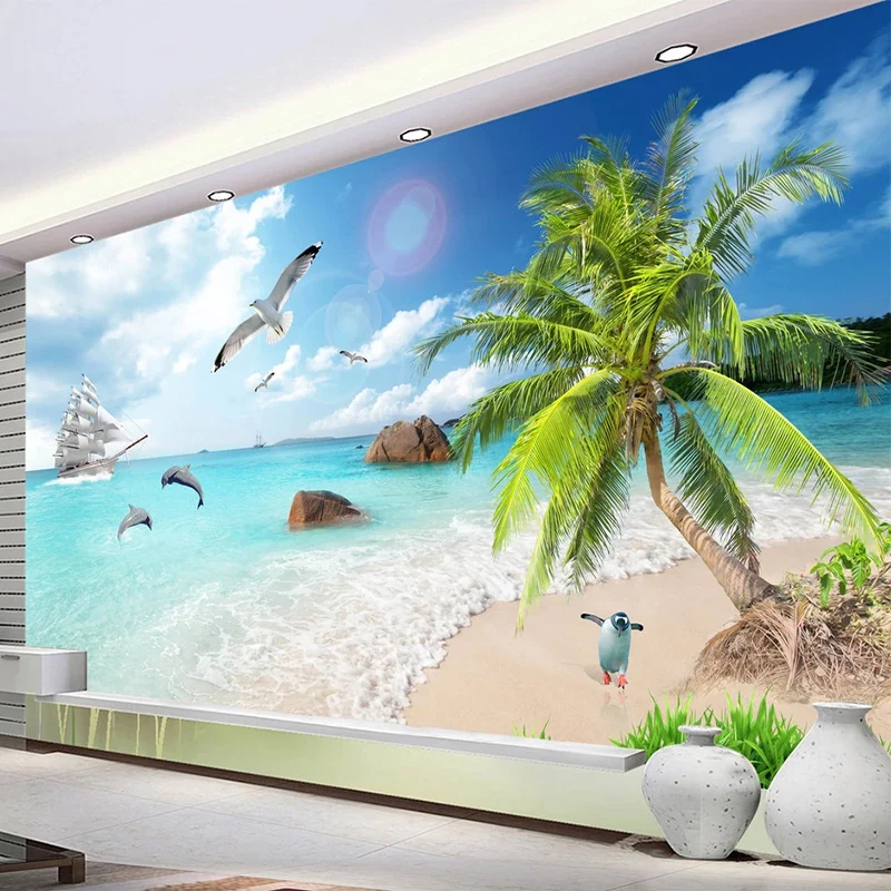 

Custom Any Size Mural Wallpaper 3D Seascape Scenery Coconut Tree Beach Fresco Living Room TV Sofa Bedroom Decor Papel De Parede