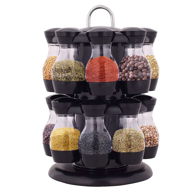 16Pcs Condiment Set 360 Rotating Spice Jar Rack Kitchen Cruet Condiment Bottle Coffee Sugar Seal Jar Container Rack