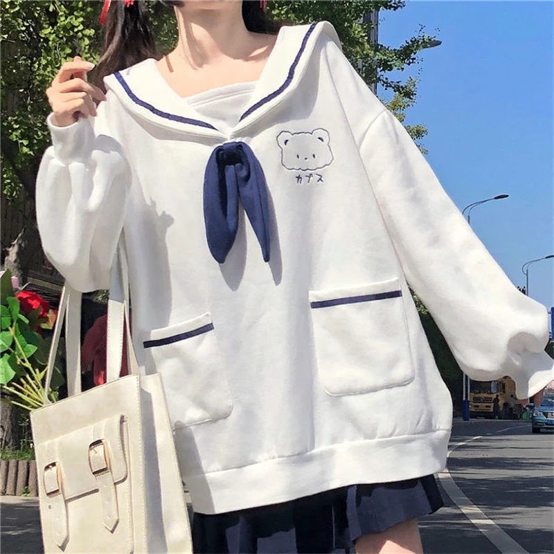 Japanese Preppy Style JK Student Women Casual Sweatshirt Bowknot Tie Sailor Collar Bear Embroidery Kawaii Hoodies Bestie Clothes