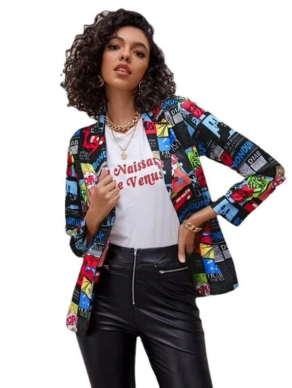 Newspaper non-positioning Printing Ladies short Small Suit Jacket Women's Clothing