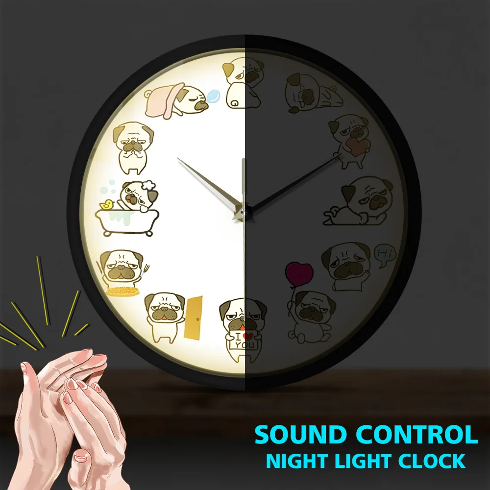 Cute Cartoon Pug Dog Metal Frame LED Wall Clock Funny Clap Sound Control Smart Clocks Watch Puppy Lover Home Decoration Horologe