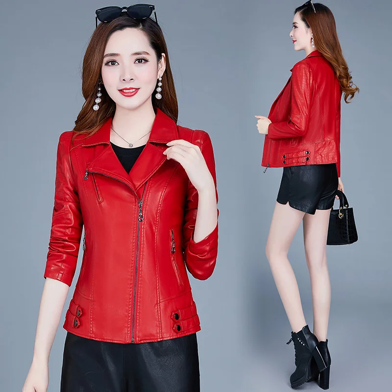 Chaqueta de piel sintética para mujer, abrigo corto ajustado con cremallera, estilo coreano, locomotor, color negro, rojo, primavera y otoño