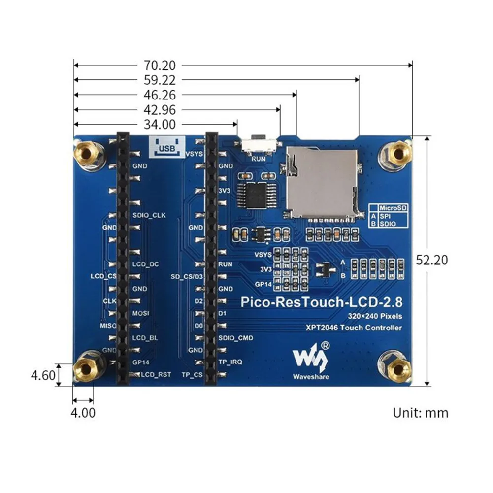 Módulo de pantalla LCD táctil resistiva de 2,8 ", interfaz SPI Shield HAT con separación de latón para placa RPI Raspberry Pi Pico