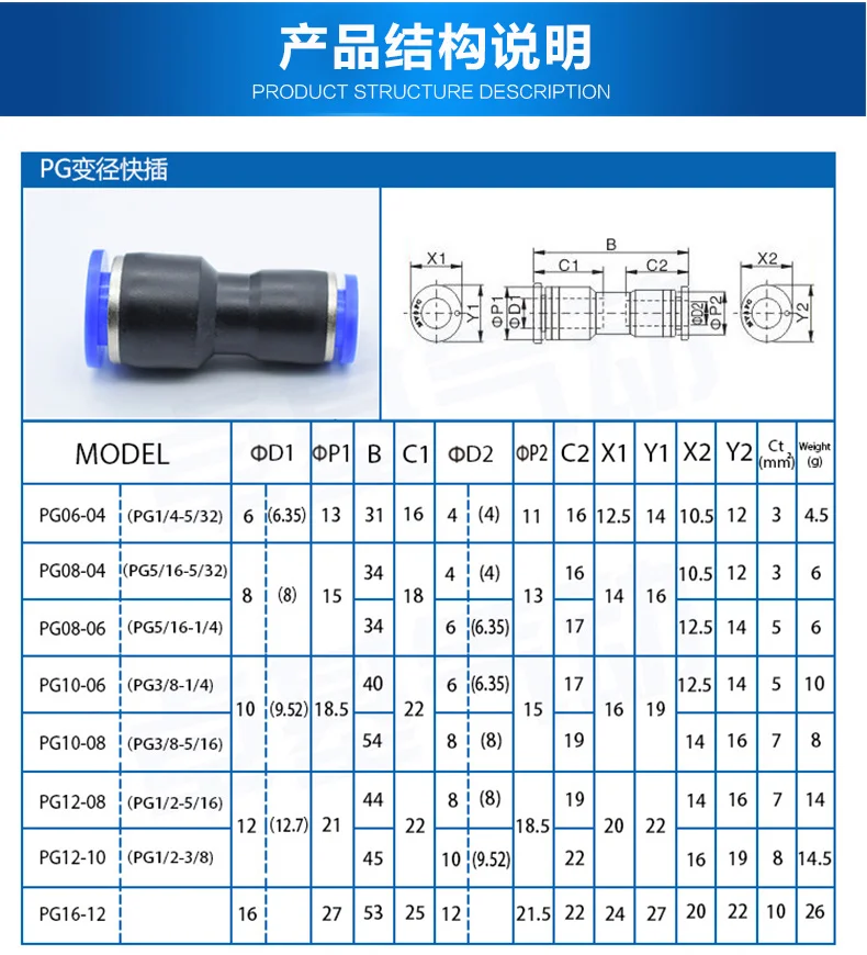 Pneumatic Fittings Pipe Connector Tube 4 5 14mm OD Hose Reducing 8 10 12mm PG PVG PEG PW PZAG Plastic Push In Air Quick Fitting