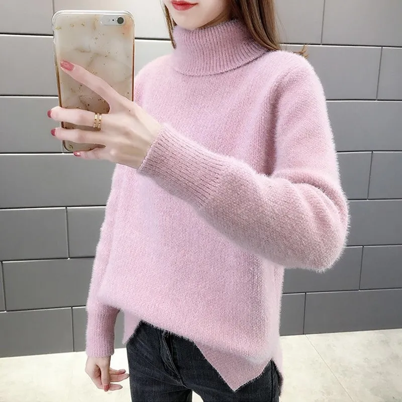 Fashion New Turtleneck Knitted Imitation Mink Fleece Loose Sweater Women Fall Winter Jacket Girl Party Short Coat Lady Clothing