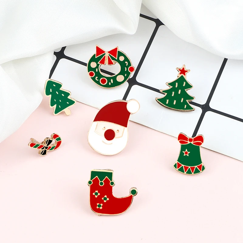 Cartoon Christmas Brooch Santa Claus Christmas Tree Bell Enamel Pins Cute Badge Hat Denim Lapel Pin Festival Party Jewelry Gifts