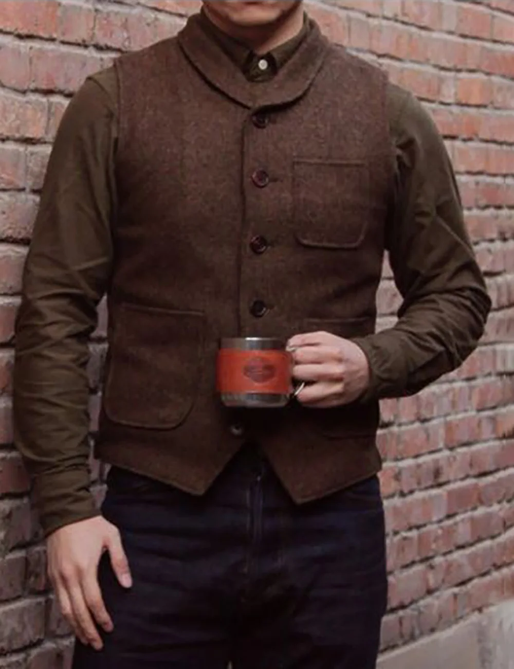 

Men's Vest coffee Lapel Collar Herringbone Tweed Male Gentleman Business Waistcoat Steampunk Clothing Plus Size Vests for Men