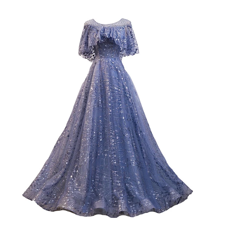 Elegante Blauwe Tule Avondjurken Vintage Korte Mouwen O-hals Glanzende Lovertjes Kralen Bruiloft Celebrity Gast Prom Party Jurken