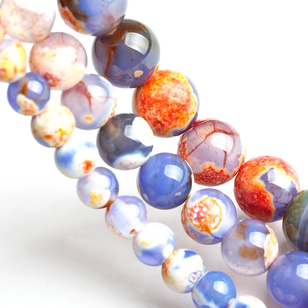 6/8/10mm Natural Fire Agates Stone Beads Orange Blue Round Loose Agates Beads For Jewelry Making Diy Bracelet Necklace 15 Inches