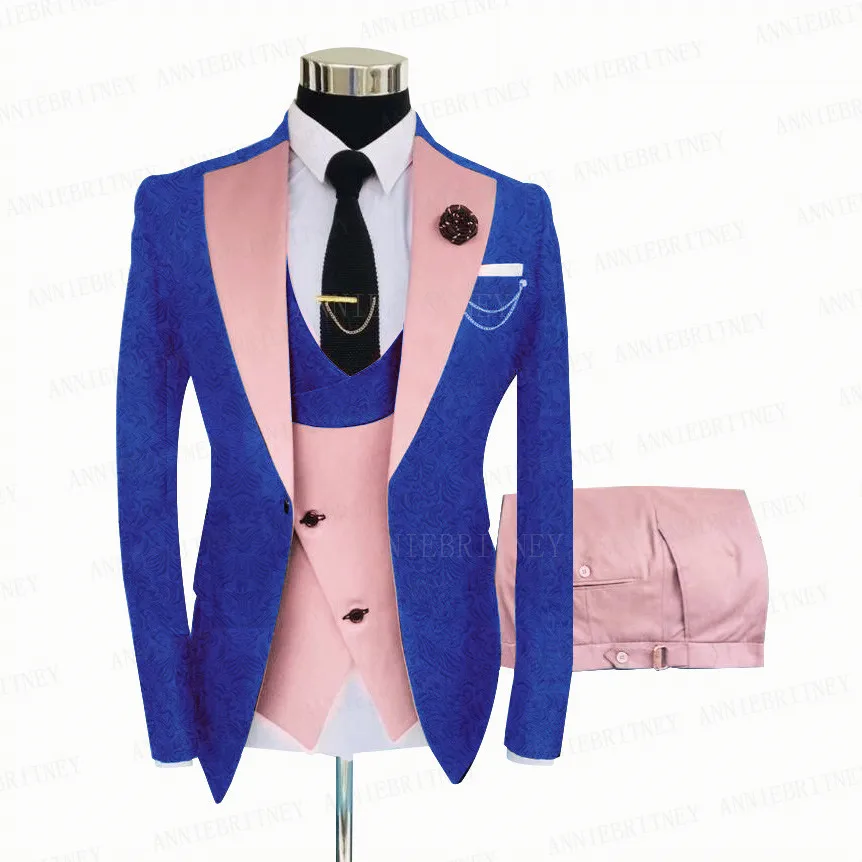 Royal Blue Men Suit 3 Pieces Tailored Best Man Groom Wedding Tuxedo Slim Fit Jacquard Blazer Suit Jacket Yellow Vest Pants Set