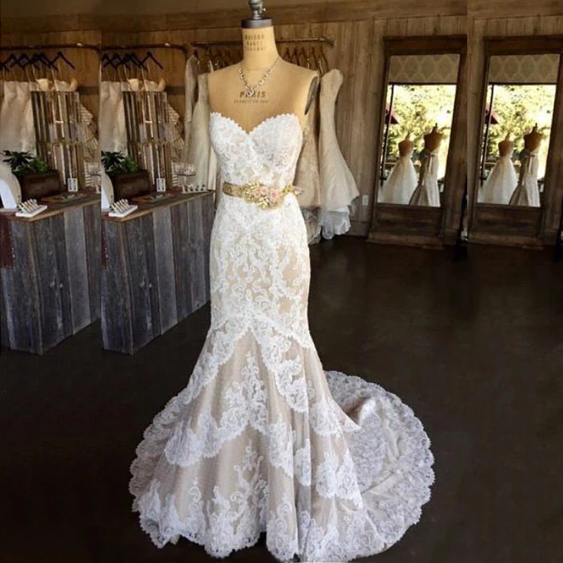 Robe de mariée sirène en dentelle, élégante, Champagne, pour mariée, chérie, dos ouvert, ceinture à nœud floral, 2020