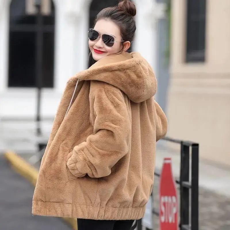 

Plush Thickening Faux Rabbit Fur Hooded Jacket Women 2023 Winter New Jackets Loose Long Sleeves Outerwear Fashion Female Coat