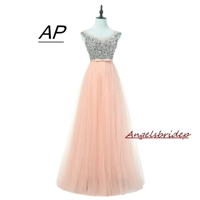 

Angelsbride Scoop Neck Evening Dresses 2021 Charming Crystals Floor-Length Tulle Abendkleider Pageant Dresses Women Party Gowns