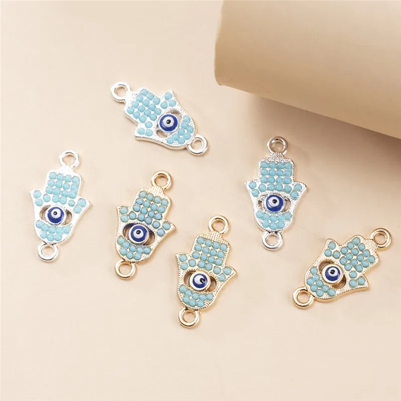 YEYULIN 10pcs/lot Silver Gold Plated Hand Blue Eye Charms Palm Pendant Connector For Jewelry Making Accessories